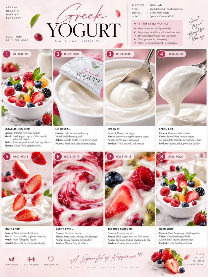 Nano Banana AI prompt example: Greek Yogurt Commercial Storyboard