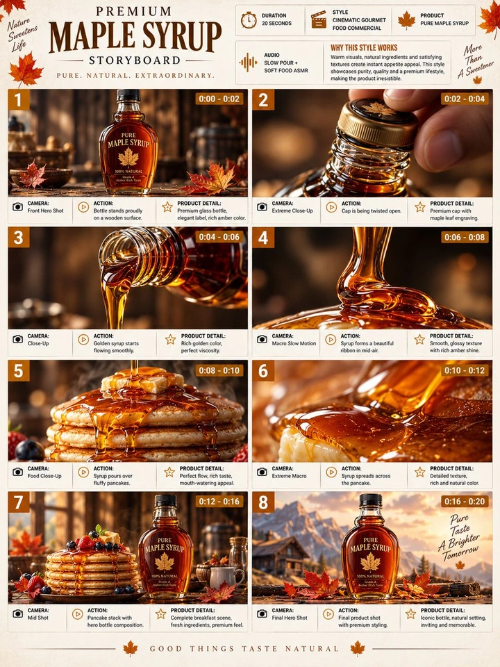 Nano Banana AI prompt example: Maple Syrup Commercial Storyboard