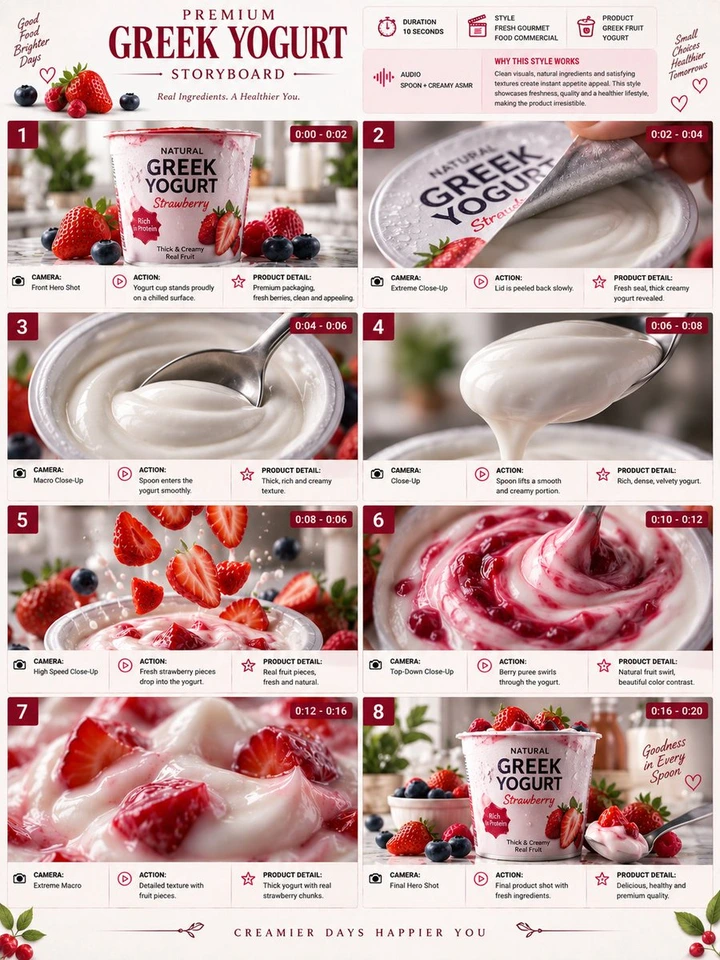 Nano Banana AI prompt example: Premium Yogurt Commercial Storyboard