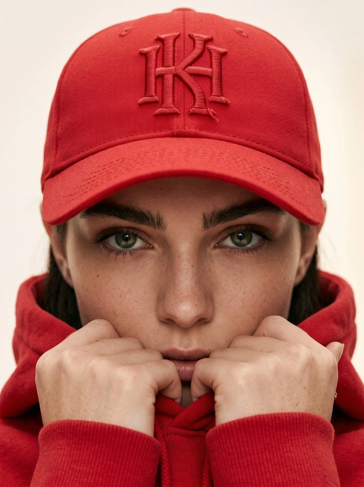 Nano Banana AI prompt example: Tight Red Cap Fashion CloseUp