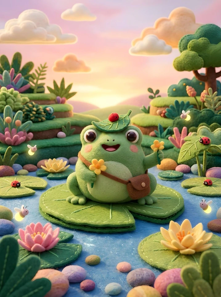 Nano Banana AI prompt example: Cute Felt Frog Scene