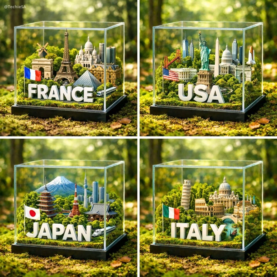 Nano Banana AI prompt example: Glass-cube country diorama
