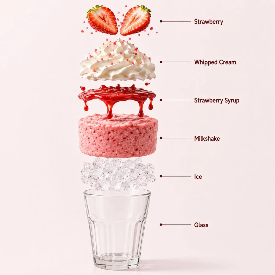 Nano Banana AI prompt example: Strawberry Milkshake Product and Infographic