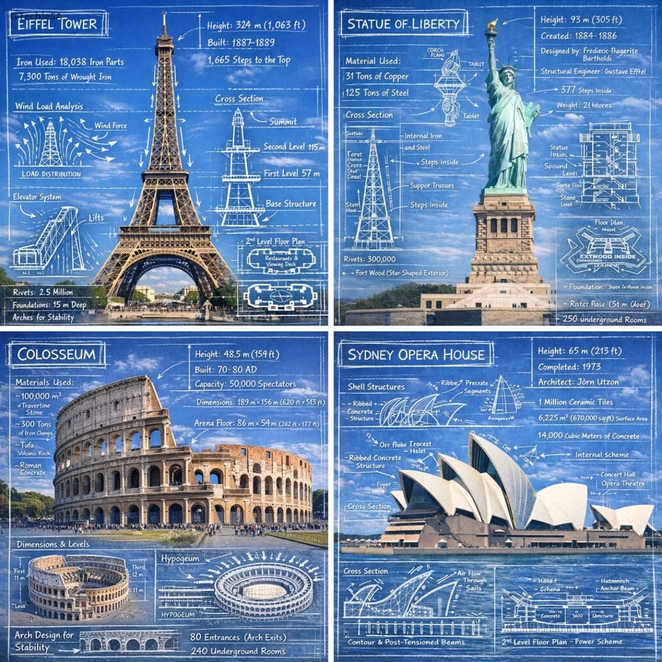 Nano Banana AI prompt example: Landmark blueprint overlay