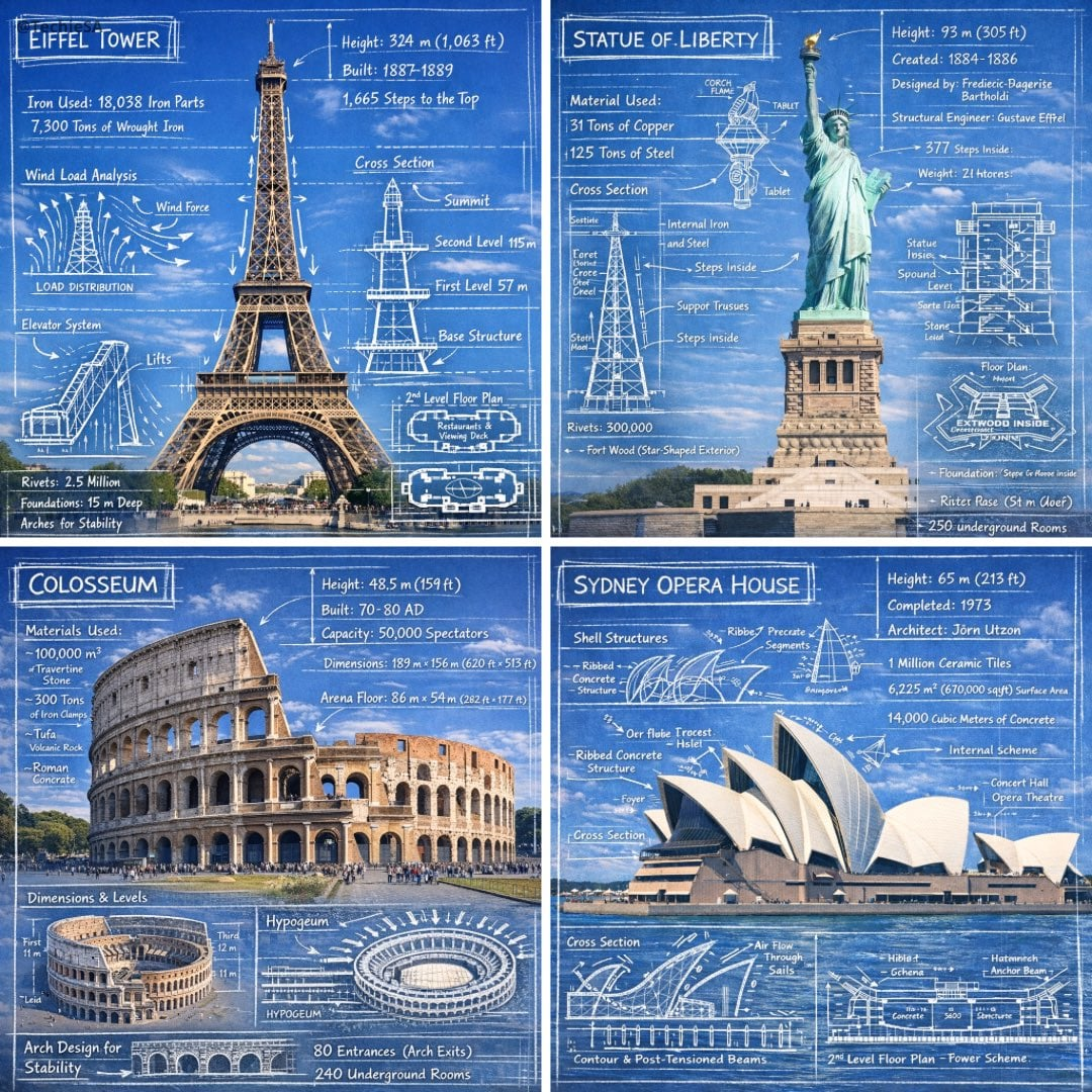 Nano Banana AI prompt example: Landmark blueprint overlay