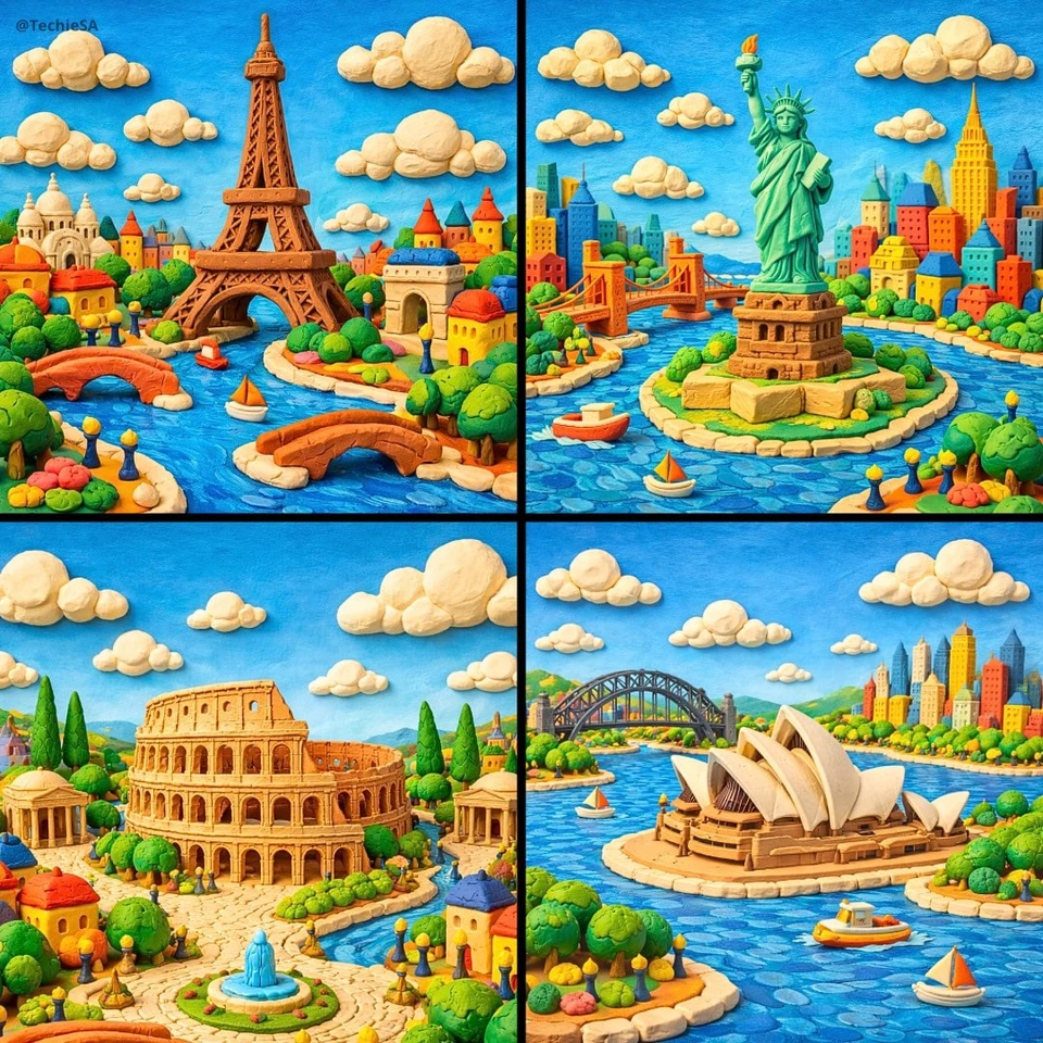 Nano Banana AI prompt example: Modeling-clay landmark world
