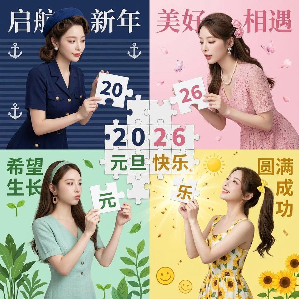 Nano Banana AI prompt example: New Year's Day Special: Four-Panel Puzzle for 2026 Blessing