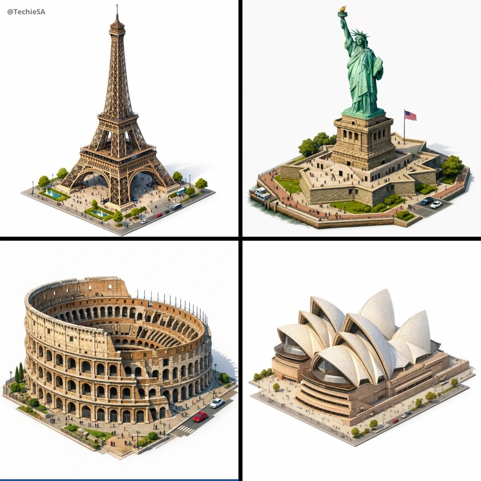 Nano Banana AI prompt example: Isometric architectural landmark