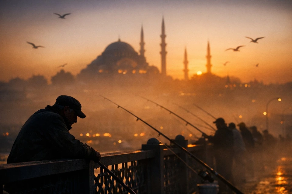 Nano Banana AI prompt example: Istanbul fishermen at sunset