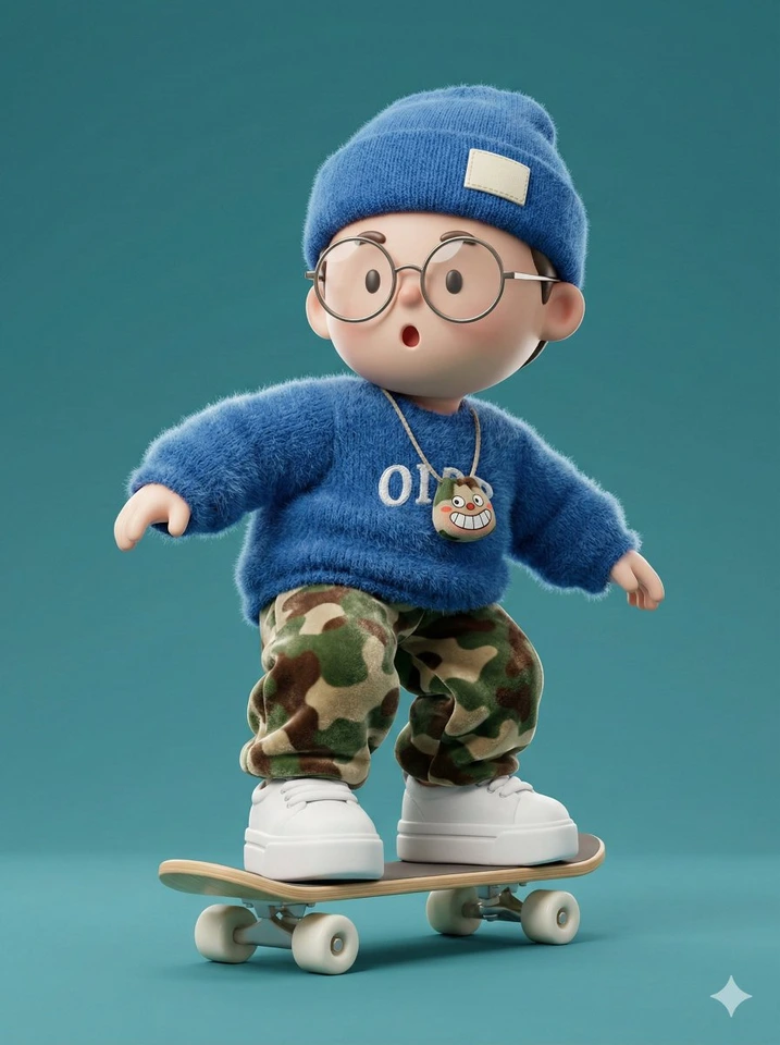 Nano Banana AI prompt example: Fuzzy-sweater skateboard character