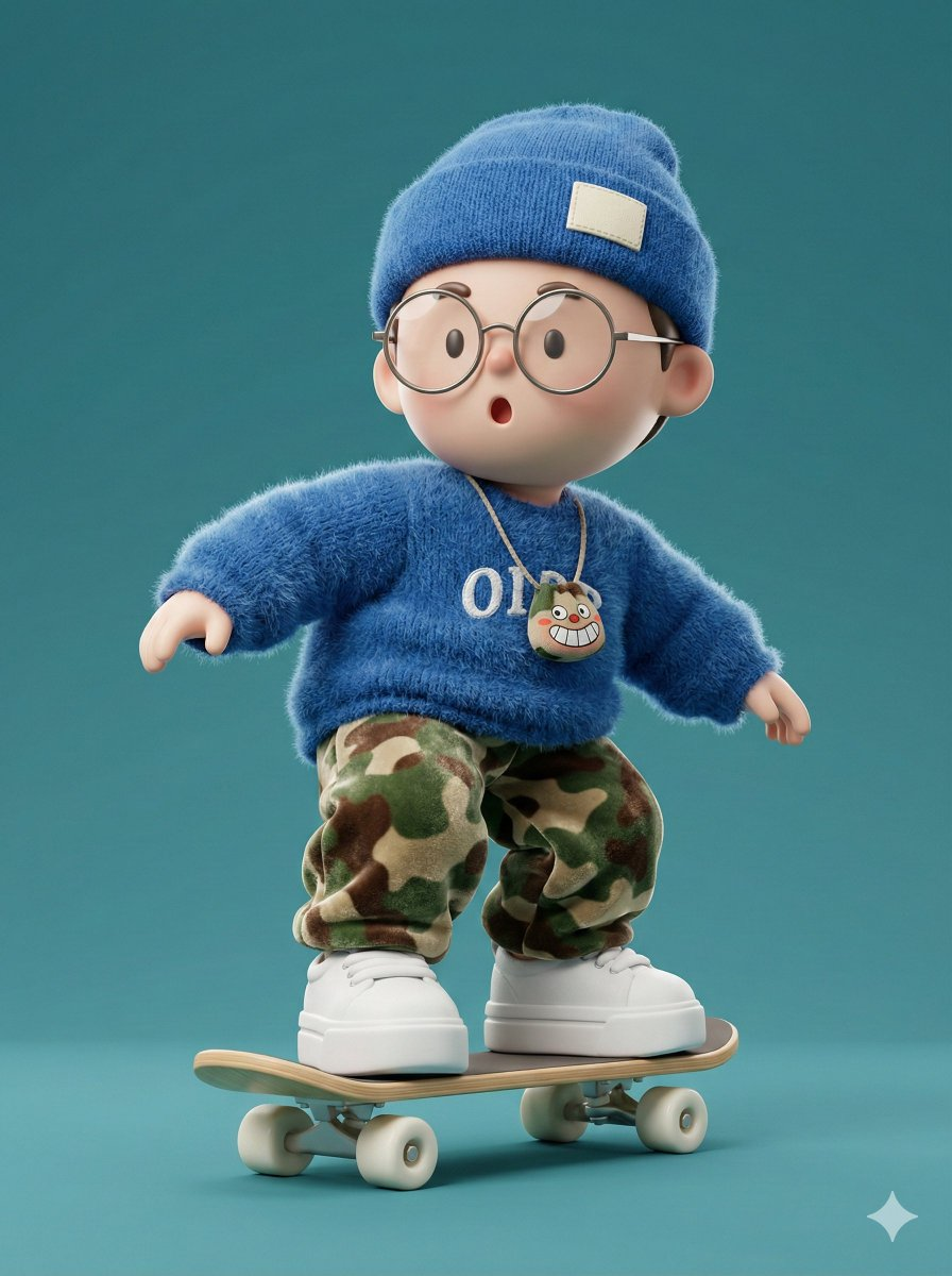 Nano Banana AI prompt example: Fuzzy-sweater skateboard character