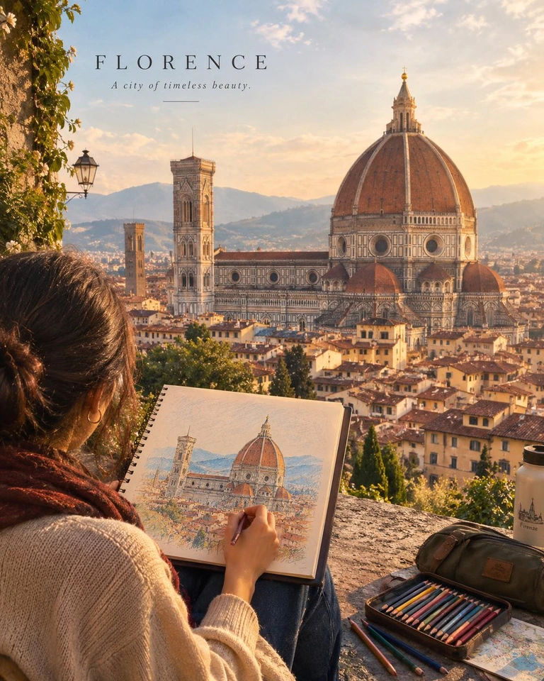 Nano Banana AI prompt example: Cinematic Travel Artist Sketching Landmark
