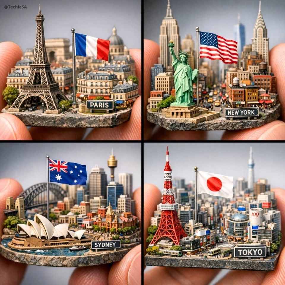 Nano Banana AI prompt example: Tiny city between fingers