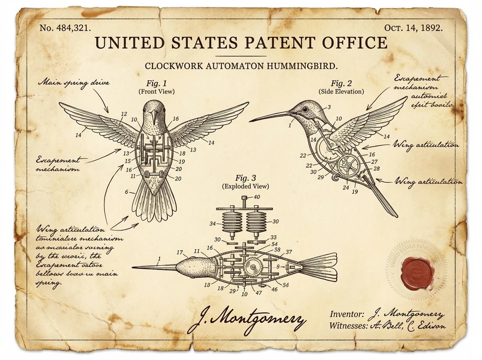 Nano Banana AI prompt example: Vintage Patent Document for an Invention
