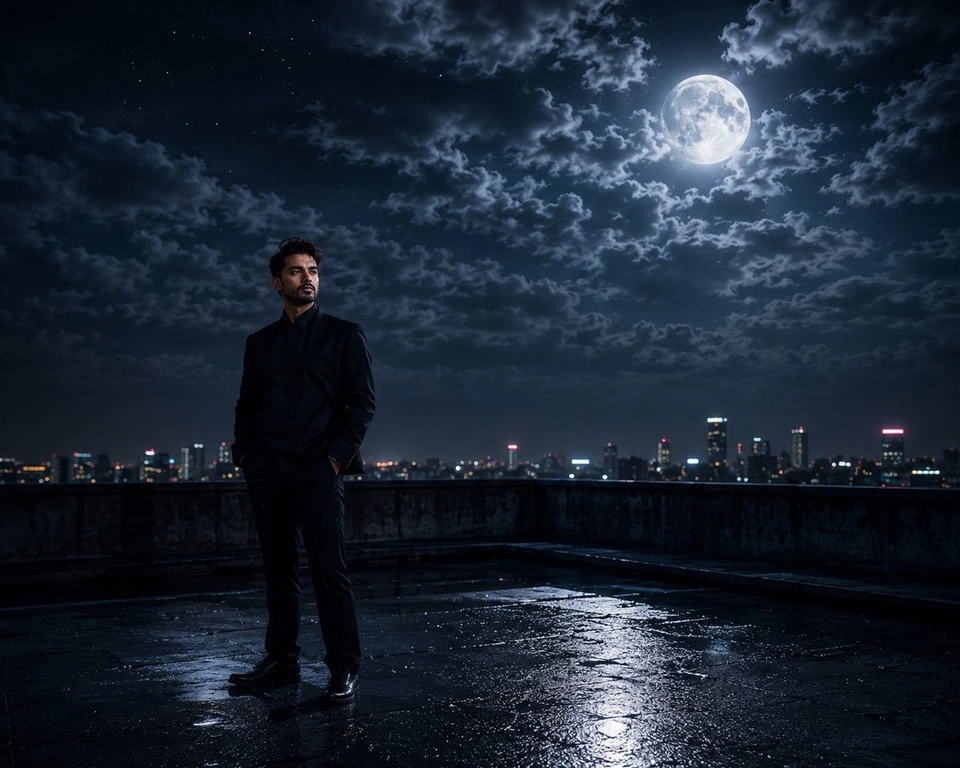 Nano Banana AI prompt example: Cinematic Moonlight Rooftop Portrait Collage