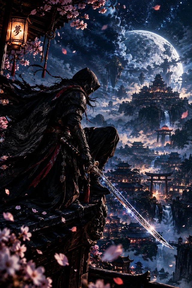Nano Banana AI prompt example: Hooded Assassin on Temple Rooftop Fantasy Art