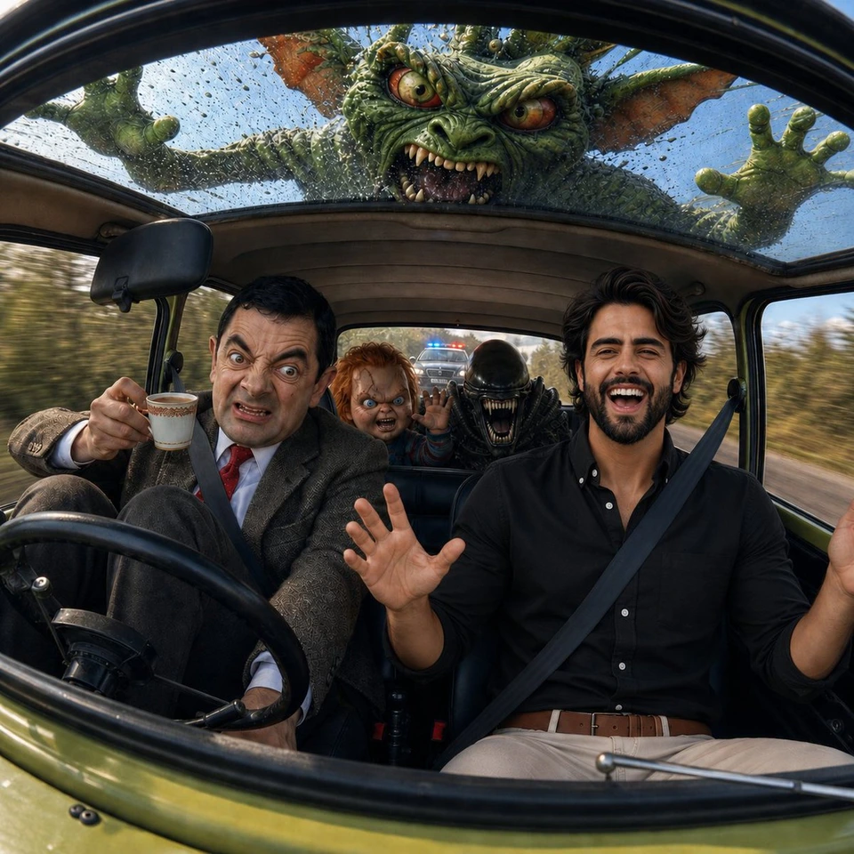 Nano Banana AI prompt example: Mr Bean Mini Cooper Chaos